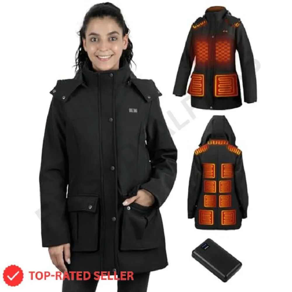 Heated Winter Coat with Detachable Hood Long Jacket Warm Tech Chic